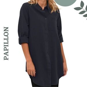 Papillon Navy Button-Up Shirt Tunic with Roll Sleeves | Relaxed Fit Size XS